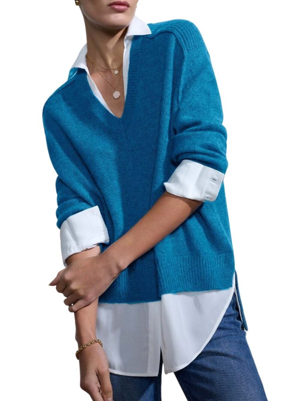 Brochu Walker The Looker Layered V-Neck Sweater. Size S, Laguna Melange NWT